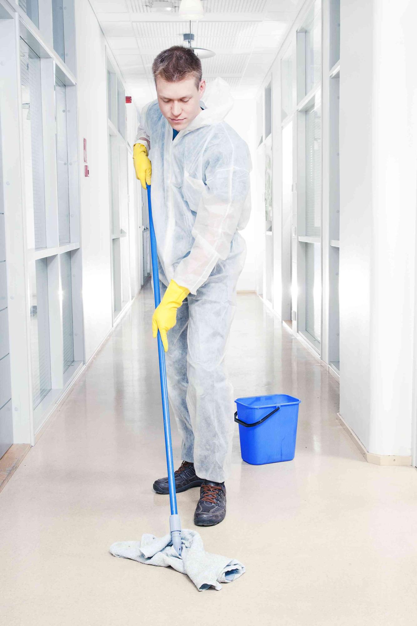 Cleaning office wearing protective overalls